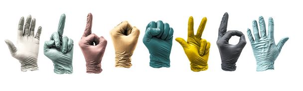 Ręczne gesty w wielokolorowych rękawiczkach medycznych odizolowanych na białym tle. Zestaw gestów reklamowych i projektowych - Zdjęcie, obraz