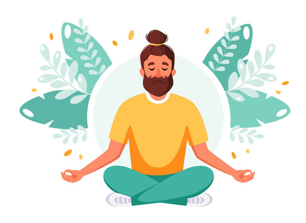 Hombre meditando en pose de loto. Vida sana, bienestar, relax, meditación. Ilustración vectorial - Vector, imagen