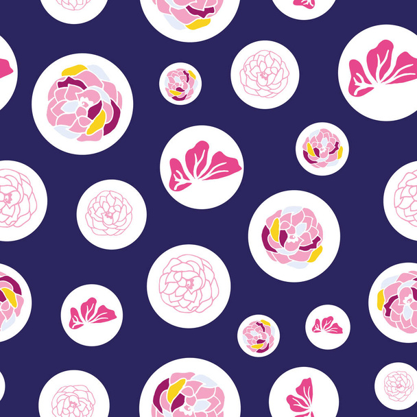 Rosa, motivos florales en círculos blancos sobre fondo violeta Colores modernos y vibrantes para cualquier diseño. Inconsútil, patrón de vector repetido. - Vector, imagen