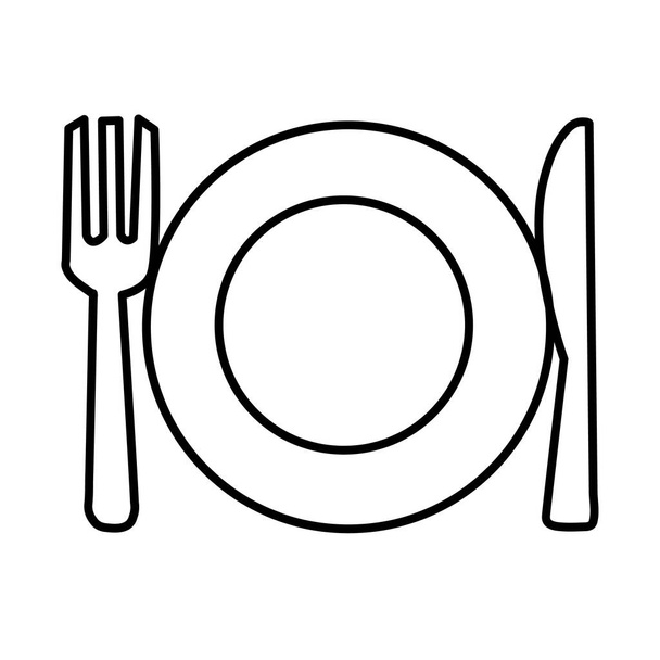 plate, fork and knife line icon on white background. dinner dishes sign. cutlery symbol. - Διάνυσμα, εικόνα