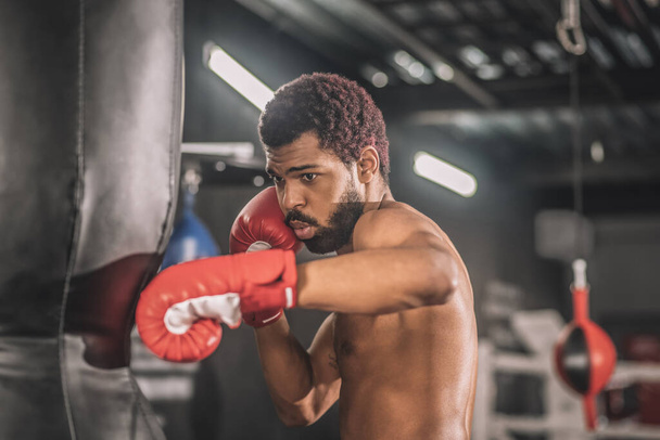 Young dark-skinned kickboxer having a workout in a gym - Photo, Image