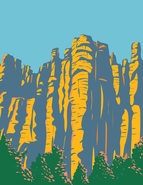 米国アリゾナ州チリカワ国立記念碑にあるチリカワ山脈のフードのWPAポスターアートは、作品プロジェクト管理スタイルまたは連邦アートプロジェクトスタイルで行われました. - ベクター画像