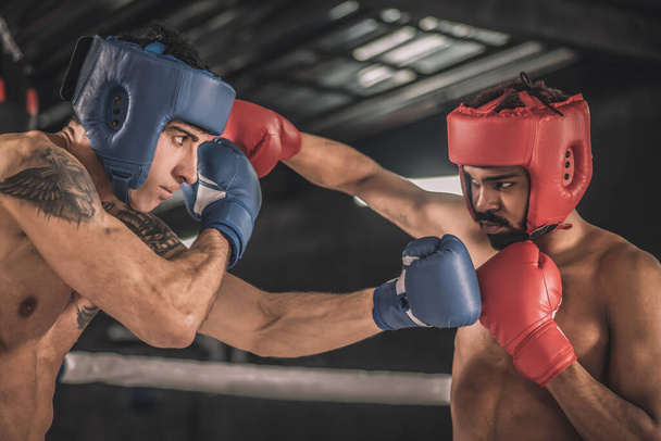Kickboxers en dobladillos protectores luchando y buscando determinado - Foto, imagen