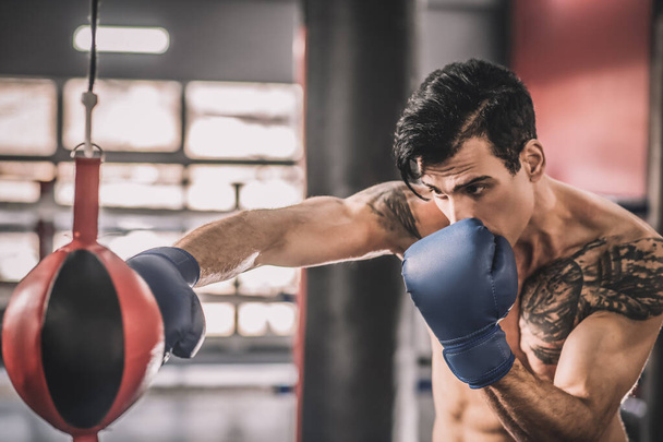 Muscular build man exercising in a gym and kicking the sandbag - Φωτογραφία, εικόνα