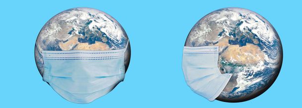 Koronavirüs krizi veya COVID-19 'da maske takan arka plan dünyası görüntüsü. Covid-19 konsept _ element NASA tarafından dekore edilmiştir. - Fotoğraf, Görsel