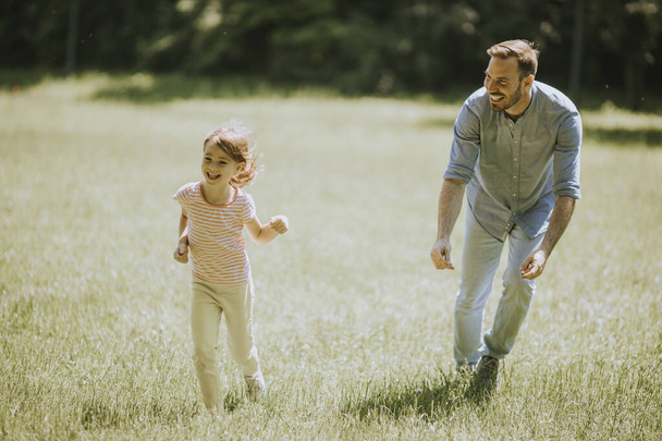 Otec honí svou roztomilou dcerušku, když si hraje v parku - Fotografie, Obrázek