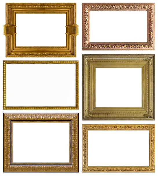 Set van gouden lijsten voor schilderijen, spiegels of foto 's geïsoleerd op witte achtergrond - Foto, afbeelding
