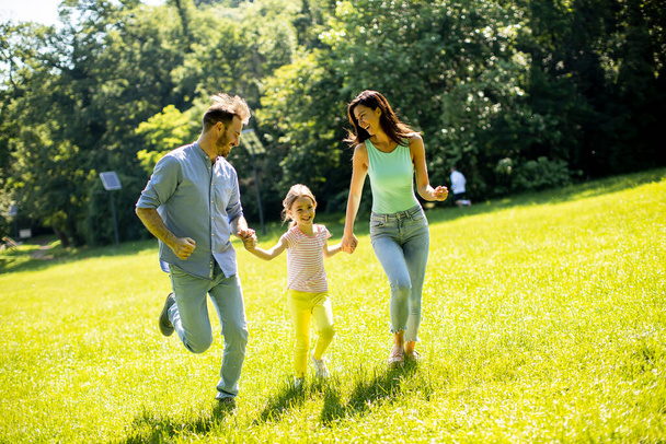 晴れた日に公園を走っているかわいい娘と幸せな若い家族 - 写真・画像