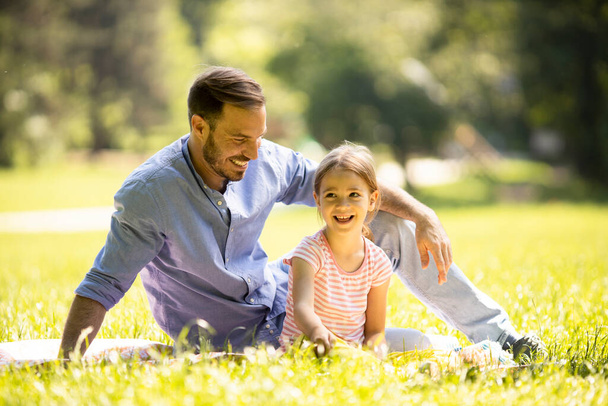 Babası ve küçük tatlı kızı parkta çimlerde eğleniyorlar. - Fotoğraf, Görsel