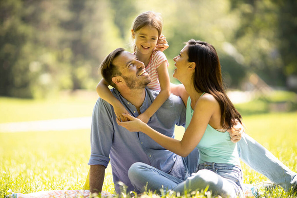 Glückliche junge Familie mit süßer kleiner Tochter, die an einem sonnigen Tag Spaß im Park hat - Foto, Bild