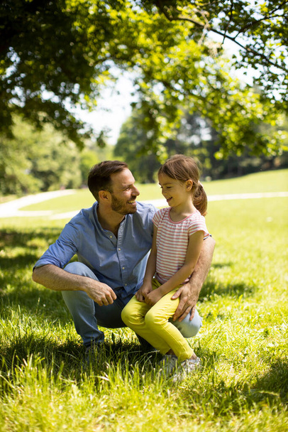 Father with cute little daughter having fun on the grass at the park - Photo, Image