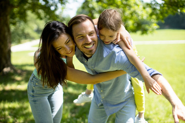 Щаслива молода сім'я з милою маленькою донькою розважається в парку в сонячний день
 - Фото, зображення