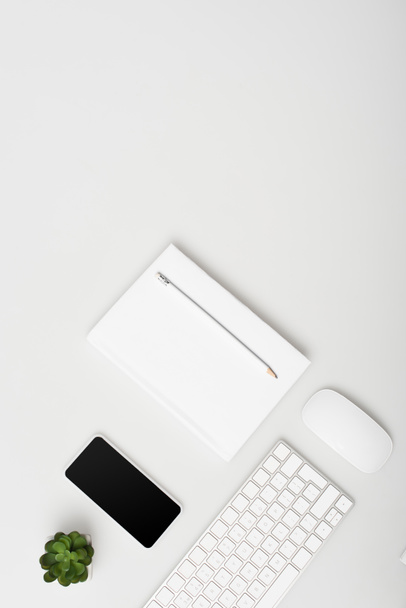 vista superior del teléfono inteligente con pantalla en blanco cerca de una pequeña planta, teclado y portátil con lápiz aislado en blanco  - Foto, imagen