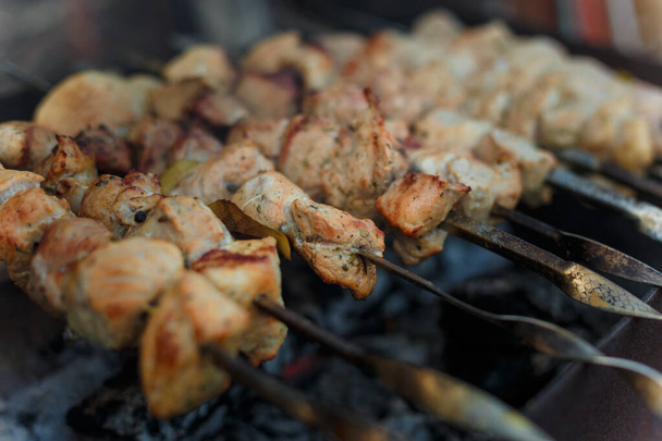 Zacht gericht schot van gemarineerd varkensvlees stukken op spiesen bakken over vreugdevuur. Kebab of traditionele shashlik koken met veel rook. - Foto, afbeelding