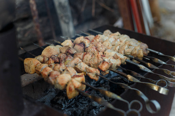 Soft focused shot of marinaded pork meat pieces on skewers frying over bonfire. Kebab or traditional shashlik cooking with lot of smoke. - Photo, Image