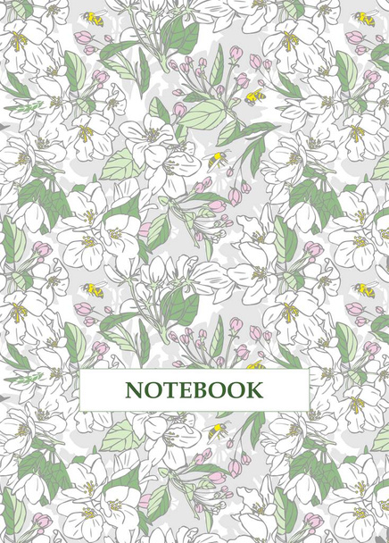 Cuaderno botánico. Libro de portada de diseño. Patrón con ramas florecientes de manzano. Flores de primavera fondo de flores. Cuaderno escolar - Foto, Imagen