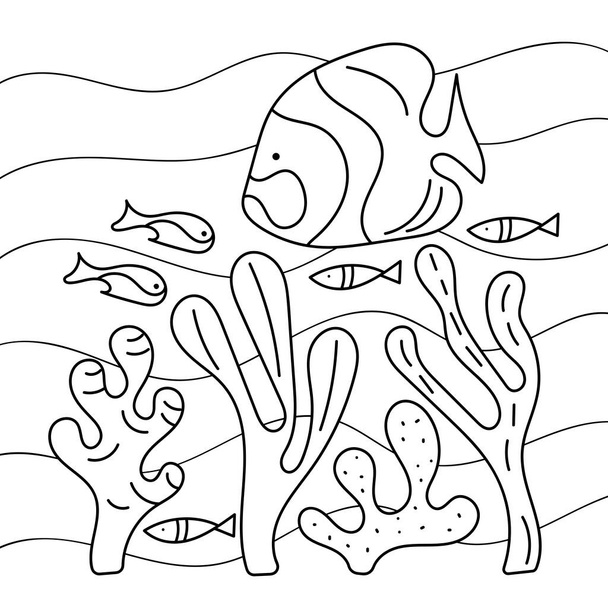 Colorear para niños. Suelo marino, mundo submarino. Peces y plantas, olas. Doodle de animales marinos y algas aisladas sobre un fondo blanco. Vector Dibujo manual . - Vector, Imagen