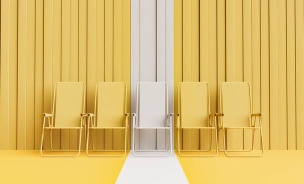 Желтые монохромные пляжные стулья с одной подсветкой в белом. летний фон. 3D рендеринг - Фото, изображение