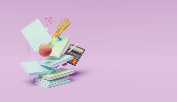 scene with pastel colored school books and accessories with space for text. back to school. 3d render - Φωτογραφία, εικόνα