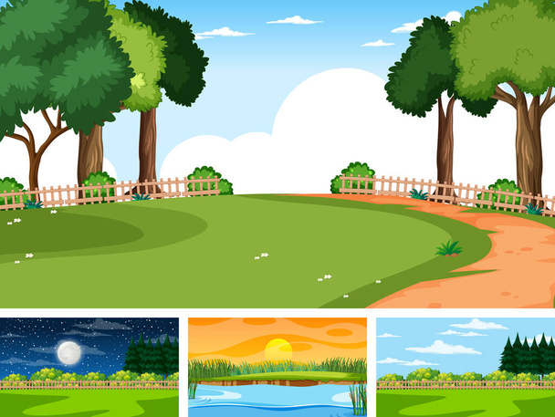 自然公園と森林図の4つの異なるシーン - ベクター画像