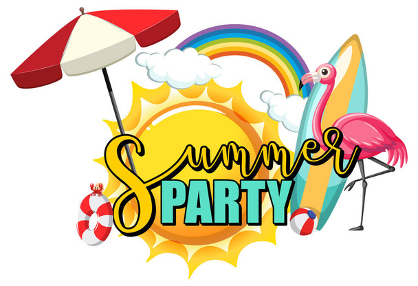 Summer Party texte avec flamant rose et articles de plage illustration isolée - Vecteur, image