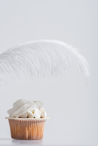 beztížné a měkké peří v blízkosti chutné cupcake izolované na bílém  - Fotografie, Obrázek