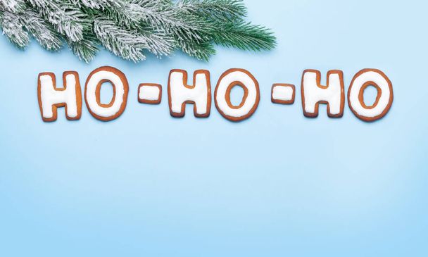 Carte de voeux de Noël avec pain d'épice maison HO HO HO texte et sapin. Vue du dessus plat avec espace de copie - Photo, image