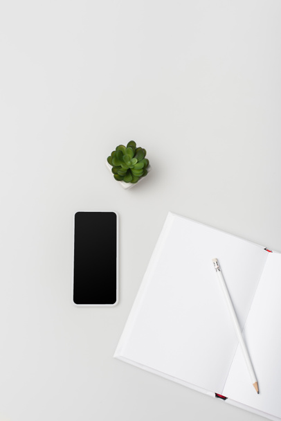 plat lag met notebook met potlood, groene plant en smartphone met blanco scherm geïsoleerd op wit - Foto, afbeelding