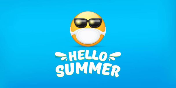 Hello summer concept with yellow Emoji sticker with mouth medical protection mask and sunglasses isolated on blue horizontal banner background. Vector hello summer poster or flyer with emoji - Vecteur, image