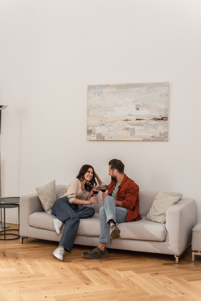 Positive couple holding glasses of wine on couch  - Foto, Imagen