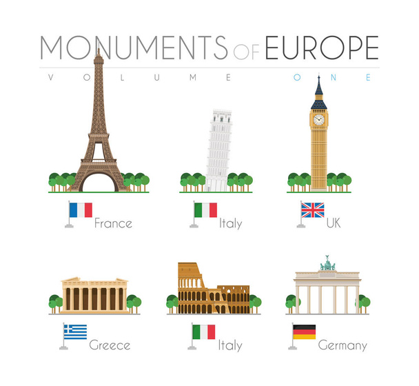 Monumenten van Europa in stripstijl Volume 1: Eiffeltoren (Frankrijk), Pisa Scheve Toren (Italië), Big Ben (VK), Parthenon (Griekenland), Colosseum (Italië) en Brandenburger Tor (Duitsland). Vectorillustratie - Vector, afbeelding