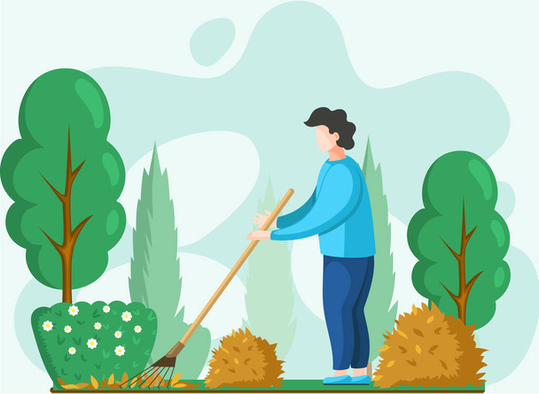 Young man doing garden work, remove yellow leaves, works on yard. Agricultural worker in autumn - Vector, Image