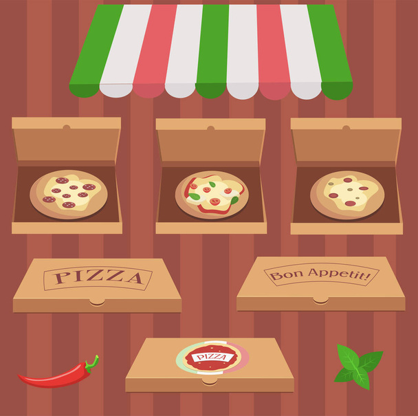 Tres tipos de pizza en cajas con logo, albahaca y chile rojo - Vector, Imagen