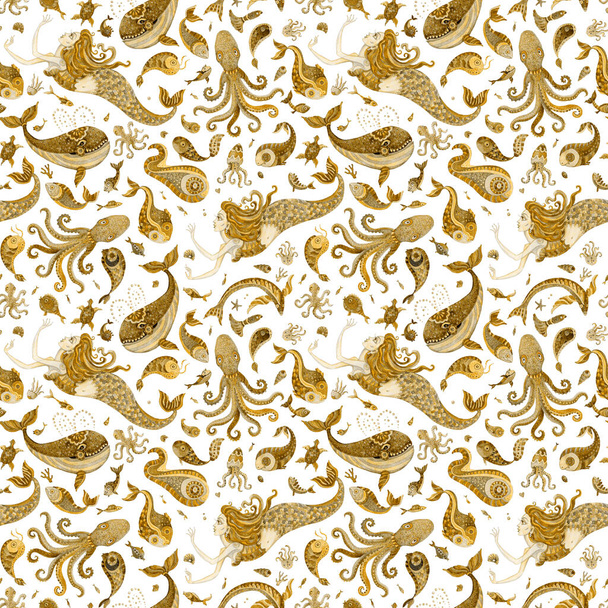 Απρόσκοπτη μοτίβο από χρυσό ακουαρέλα ζωγραφισμένα παραμύθι φαντασίας θαλάσσια ζώα και γοργόνα απομονώνονται σε λευκό φόντο.  - Φωτογραφία, εικόνα