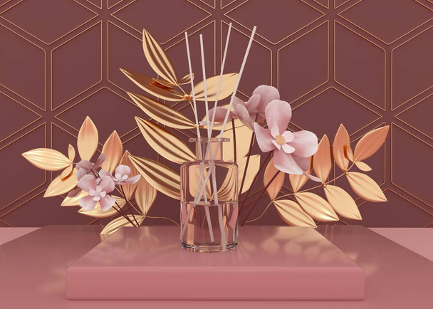Podium with floral elements on trend green background. demonstration platform for fashion cosmetics and use experience compositions. Awesome studia color palette with gold textures. 3d rendering - Foto, Bild
