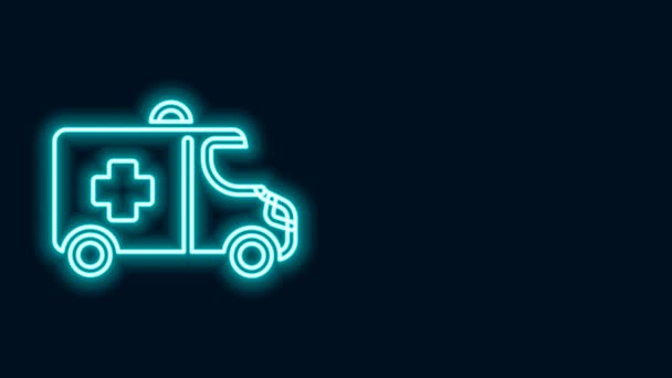 Világító neon vonal Mentőautó és sürgősségi autó ikon elszigetelt fekete háttérrel. Mentőautó orvosi evakuálása. 4K Videó mozgás grafikus animáció - Felvétel, videó