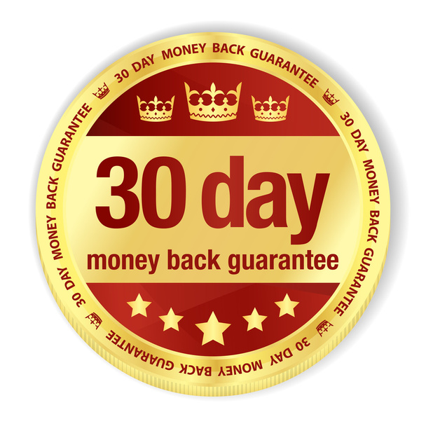 Golden badge with red fill and 30 day money back guarantee title - Vector, Image