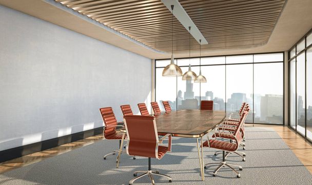 Un interior de una mesa de la sala de juntas rodeada de sillas de color burdeos en una oficina loft a la luz del día - 3D render - Foto, imagen