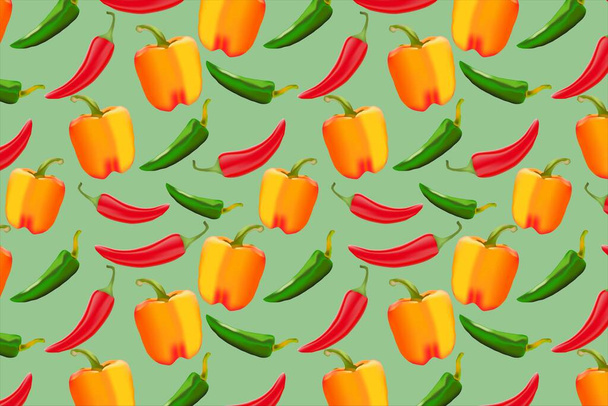Színpompás chilik zökkenőmentes mintája. Zöld színű chilies, piros színű chilies és sárga színű paprika vagy harang paprika pisztácia színes háttér. - Vektor, kép
