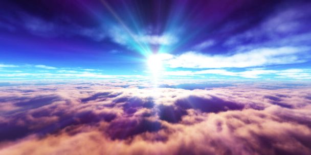 boven wolken vliegen zonsondergang zon straal illustratie, 3d renderen - Foto, afbeelding