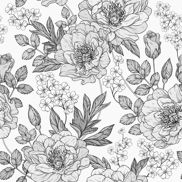 Seamless monochrome gray floral pattern with peony flowers. - Вектор,изображение