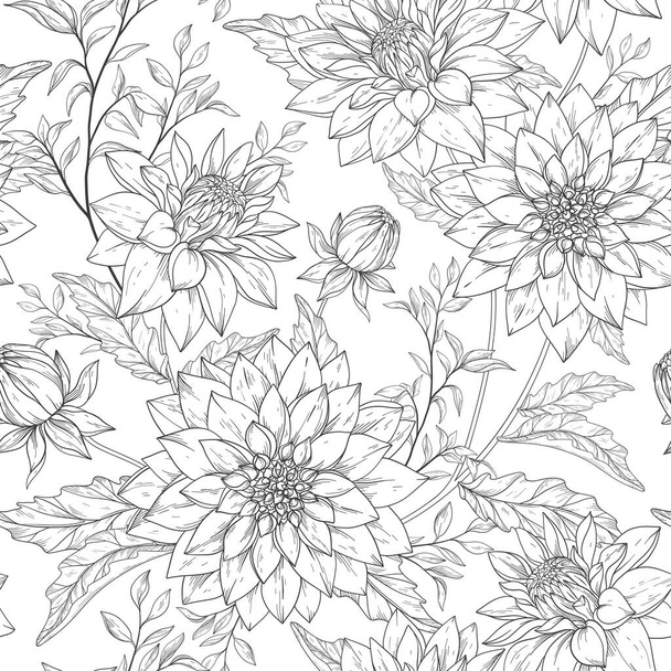 Seamless pattern with hand drawn chrysanthemums. Black and white - Vector, imagen