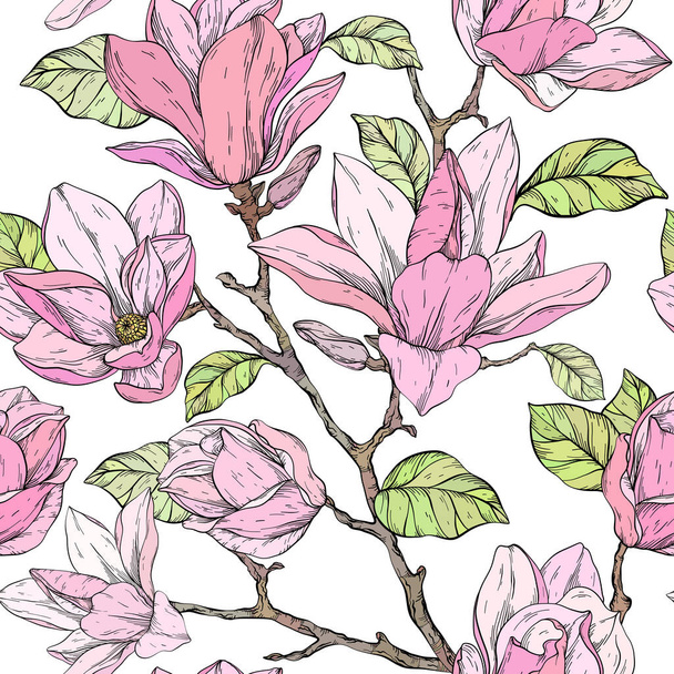 Beautiful pattern with magnolia flowers plants. - Vector, Image