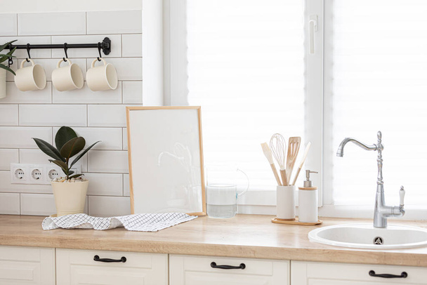 Mock up frame in kitchen interior background. Scandinavian home design. - Photo, Image