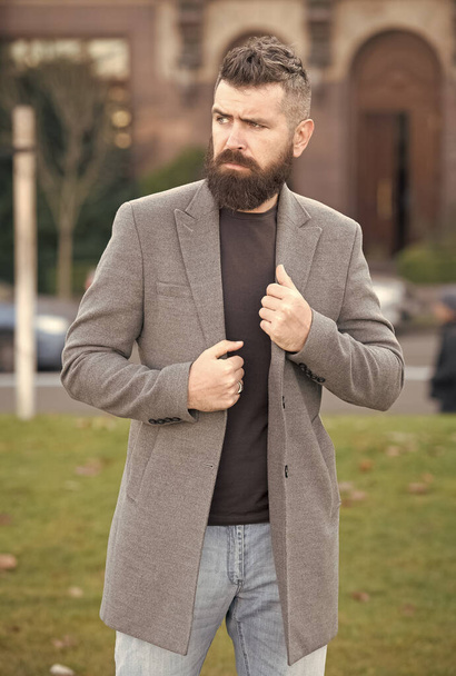 Confident and stylish. male barber care. casual fashion beauty. modern life. confident and handsome brutal man. trendy businessman. mature hipster with beard. brutal caucasian hipster with moustache - Foto, afbeelding