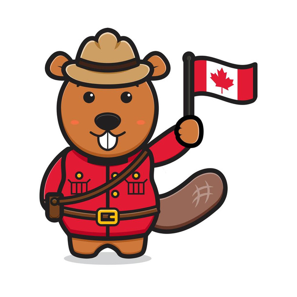 Cute beaver character celebrated Canada Day cartoon vector icon illustration. Design isolated on white. Flat cartoon style. - Διάνυσμα, εικόνα