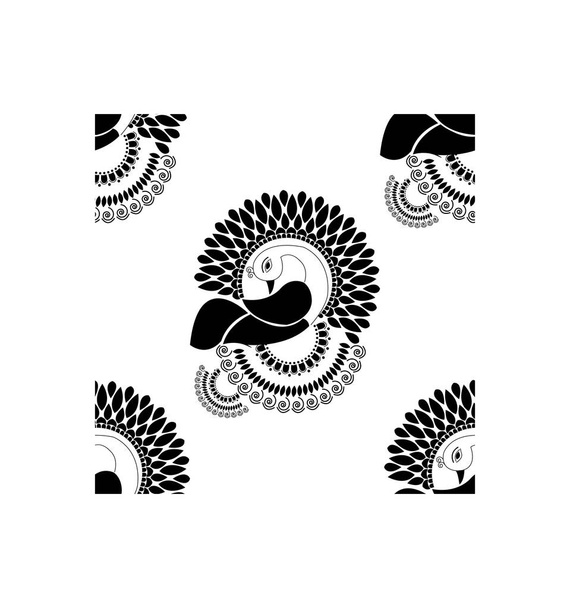 Peacock with flower decorated feathers is in seamless pattern - Vector, afbeelding