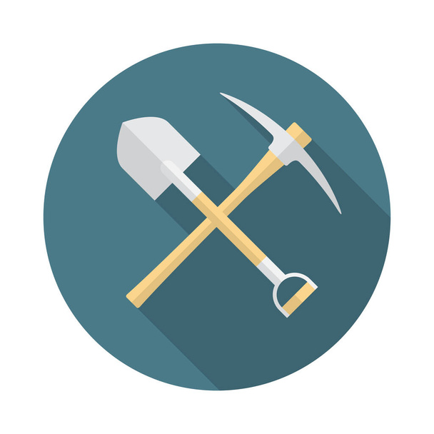 Shovel and pickaxe icon with long shadow. Flat design style. Round icon. Shovel and pick axe silhouette. Simple circle icon. Modern icon in stylish colors. Web site page vector element. - Vector, Image