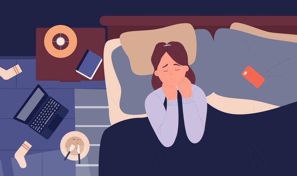 Chica en depresión ansiedad insomnio problema en la noche, mujer triste molesto acostado en la cama - Vector, Imagen