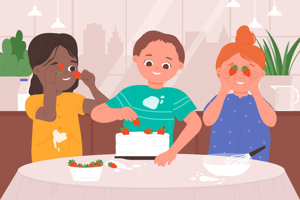Chef kids cooking fun, sitting at kitchen table, holding strawberries to decorate cake - Vector, Image